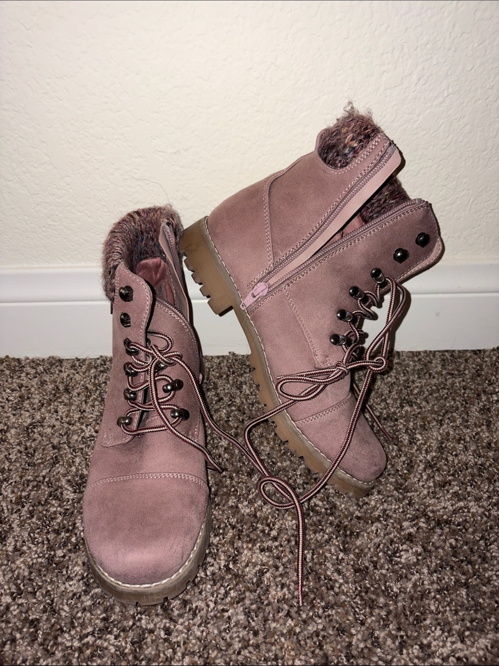 Women's Pink Suede Lace-Up Ankle Boots with Knit Collar